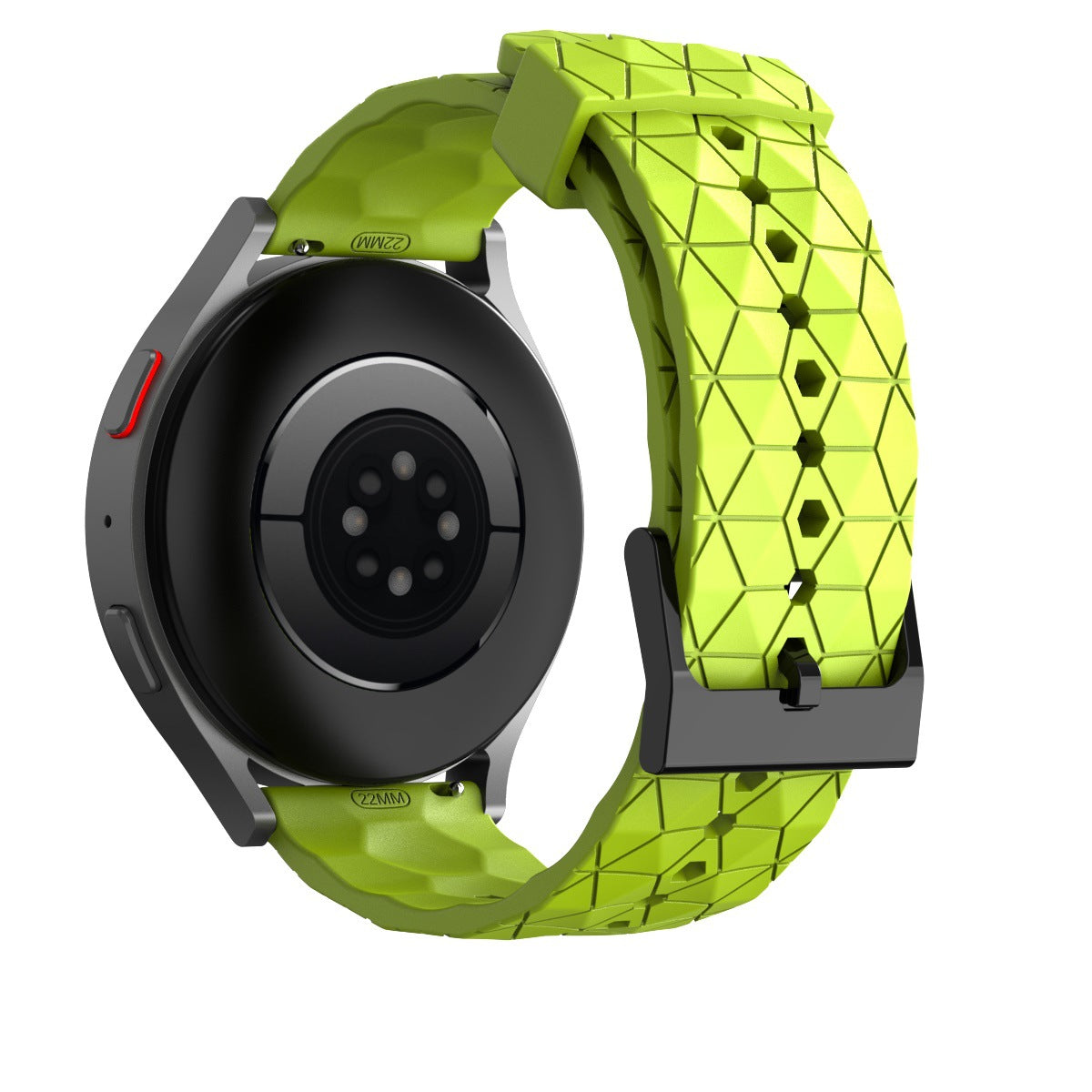 Black smartwatch with neon green geometric patterned silicone band and quick release strap