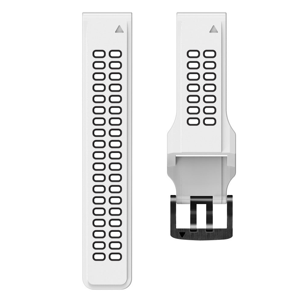 White silicone sports watch band with hexagonal grip pattern and black buckle closure