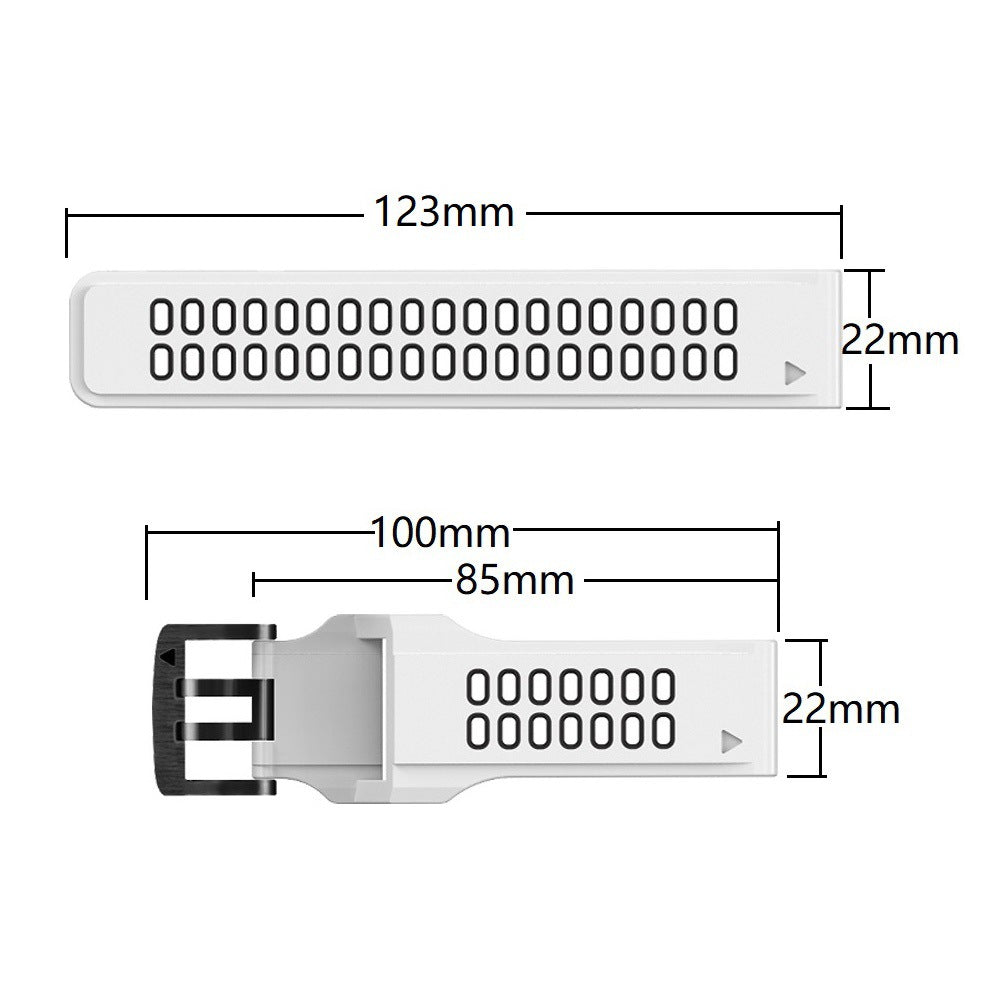 QuickFit sports silicone watch band with buckle closure, 123mm length, white strap with digital display mockup