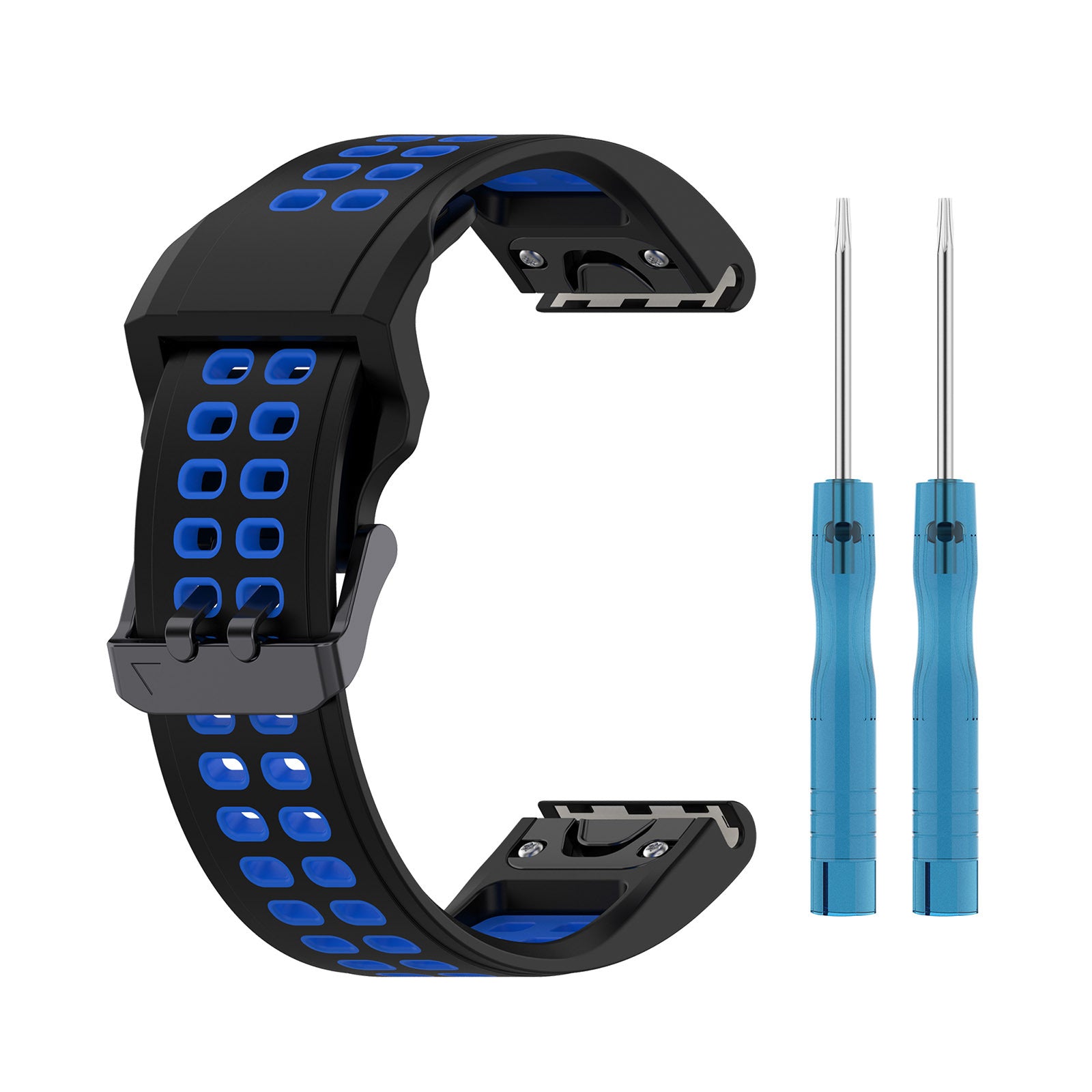 Black and blue silicone sports watch band with quick-fit connectors, includes two blue removal tools for easy strap installation and adjustment