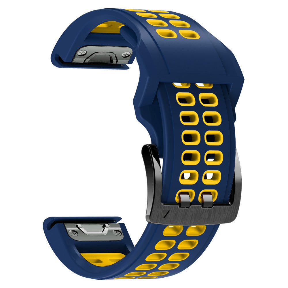 Navy blue and yellow silicone sport watch band with quick-release pins and metal connectors