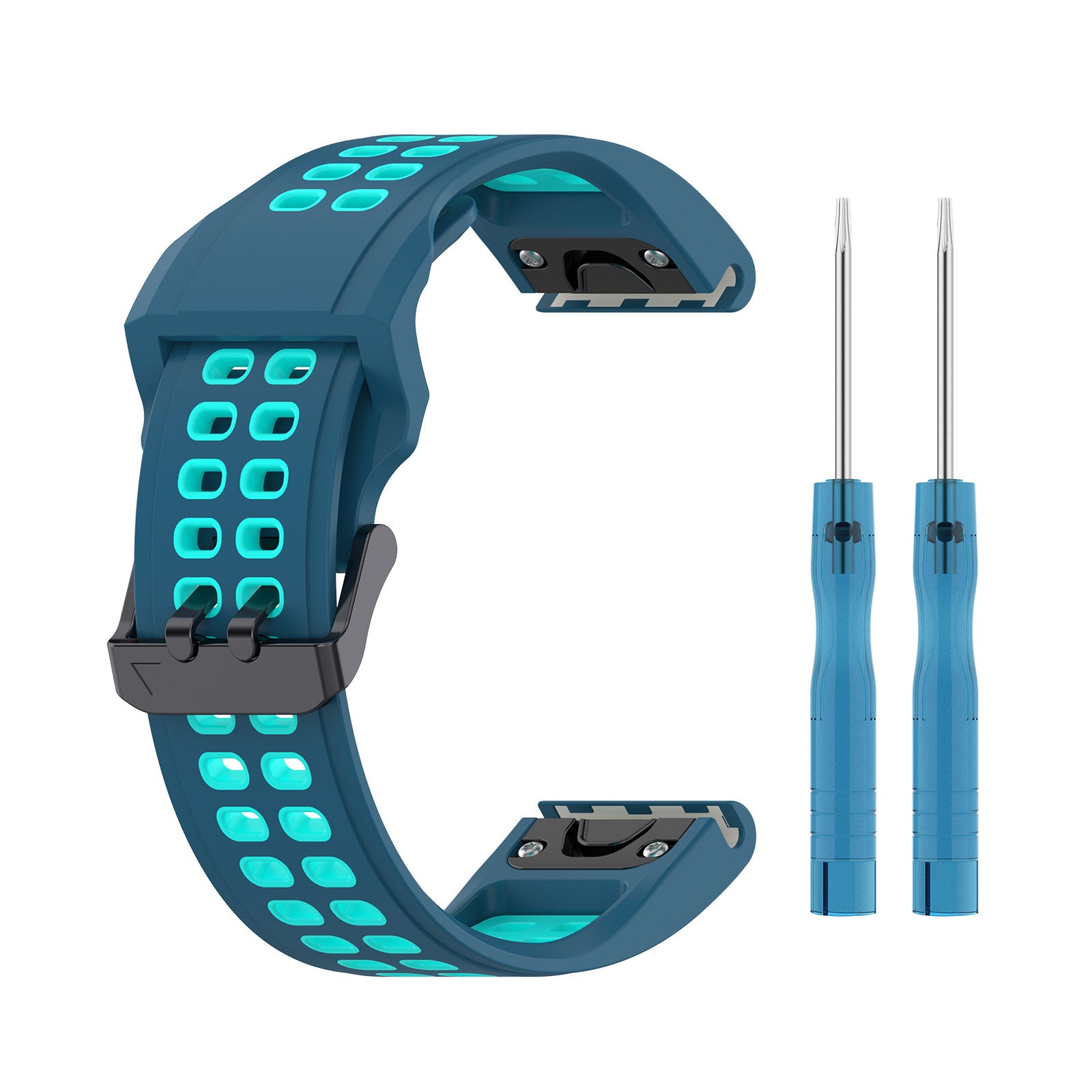 Blue perforated silicone sports watch band with quick-fit connectors and two metal pin tools included