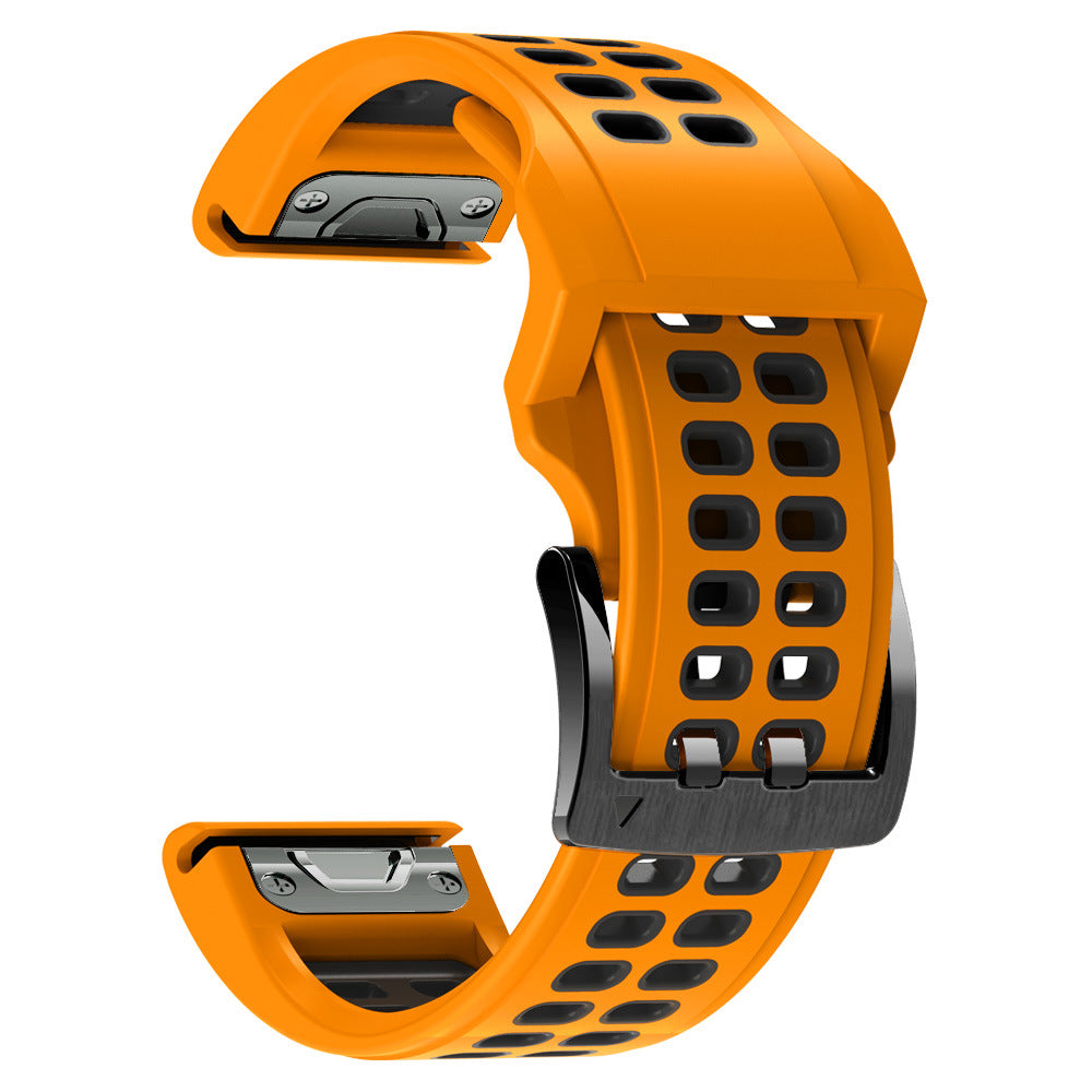 Bright orange silicone sports watch band with black perforated ventilation holes and quick-release metal connectors