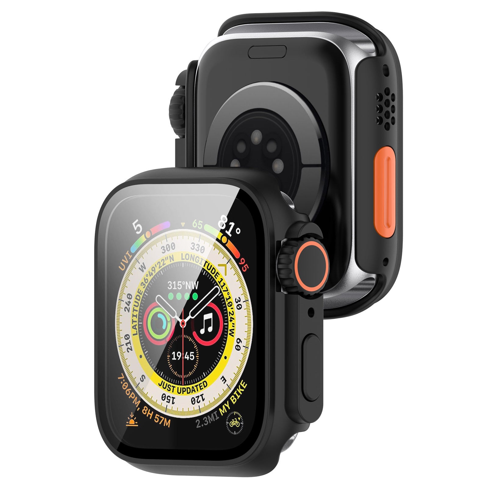 Black protective smartwatch case with orange accents and rotating bezel, featuring compass watch face dial and included screen protector