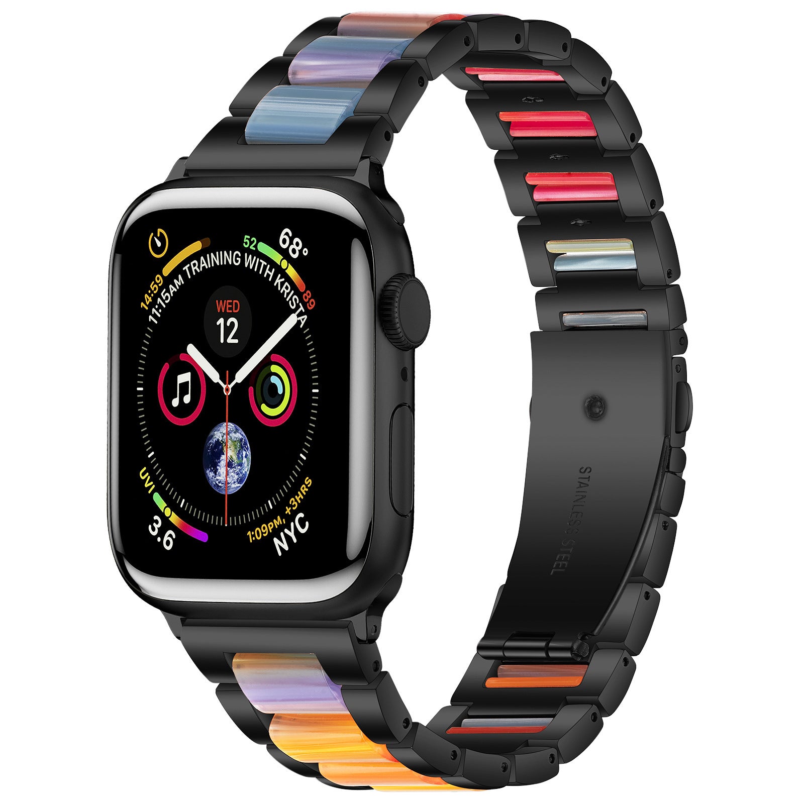 Black smartwatch with pearlescent multi-color metal bracelet band and colorful watch face display