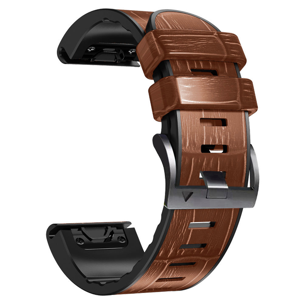 Tan alligator leather hybrid smartwatch band with quick-fit connector, includes black sport band, adjustable strap with metal buckle