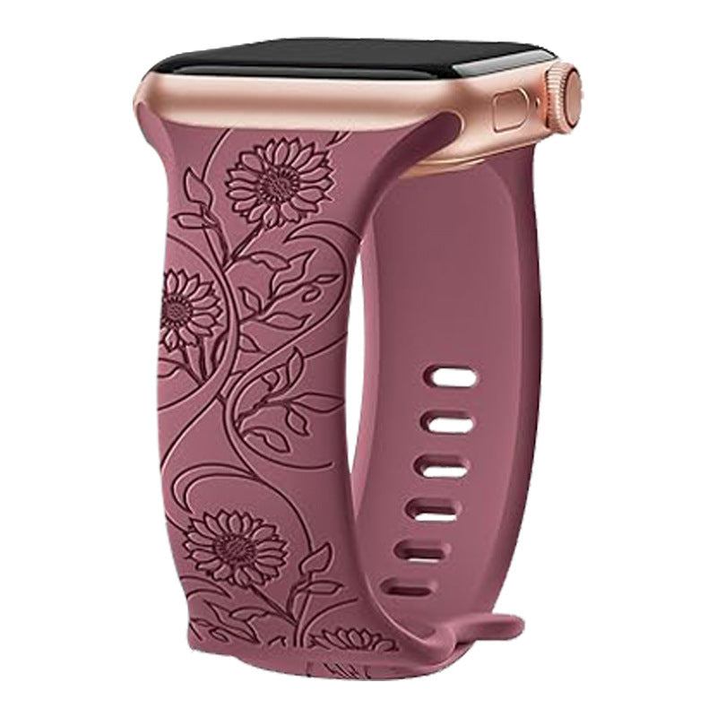 Mauve floral silicone Apple Watch band with embossed sunflower design and rose gold connector