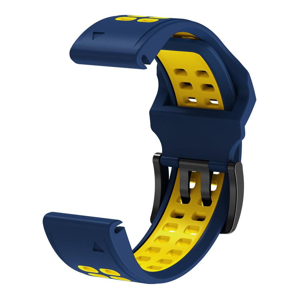 QuickFit sports silicone watch band in navy blue and yellow with quick-release mechanism