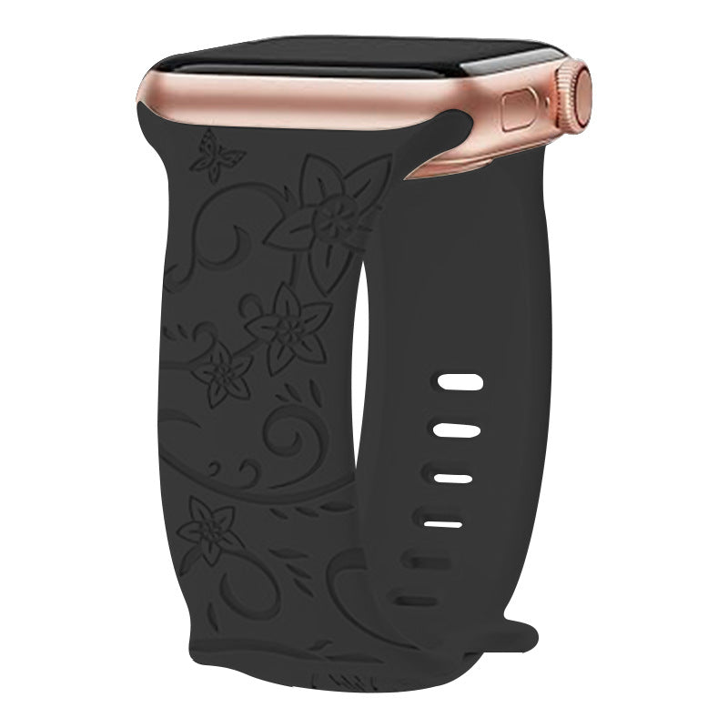 Black floral silicone Apple Watch band with rose gold stainless steel case and adjustable vent holes