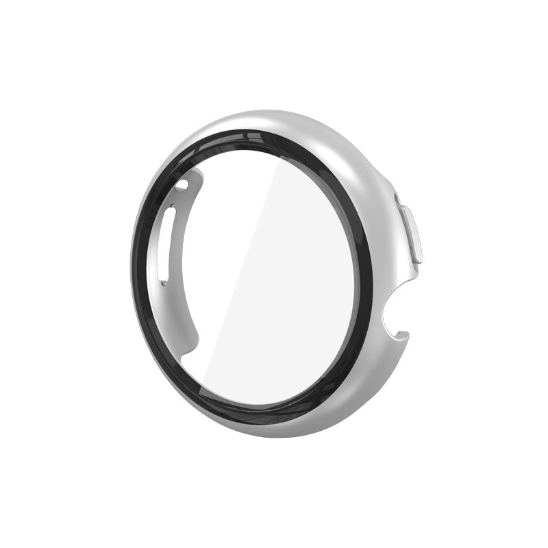Silver protective case with black inner ring for Google Pixel smartwatch, front angled view