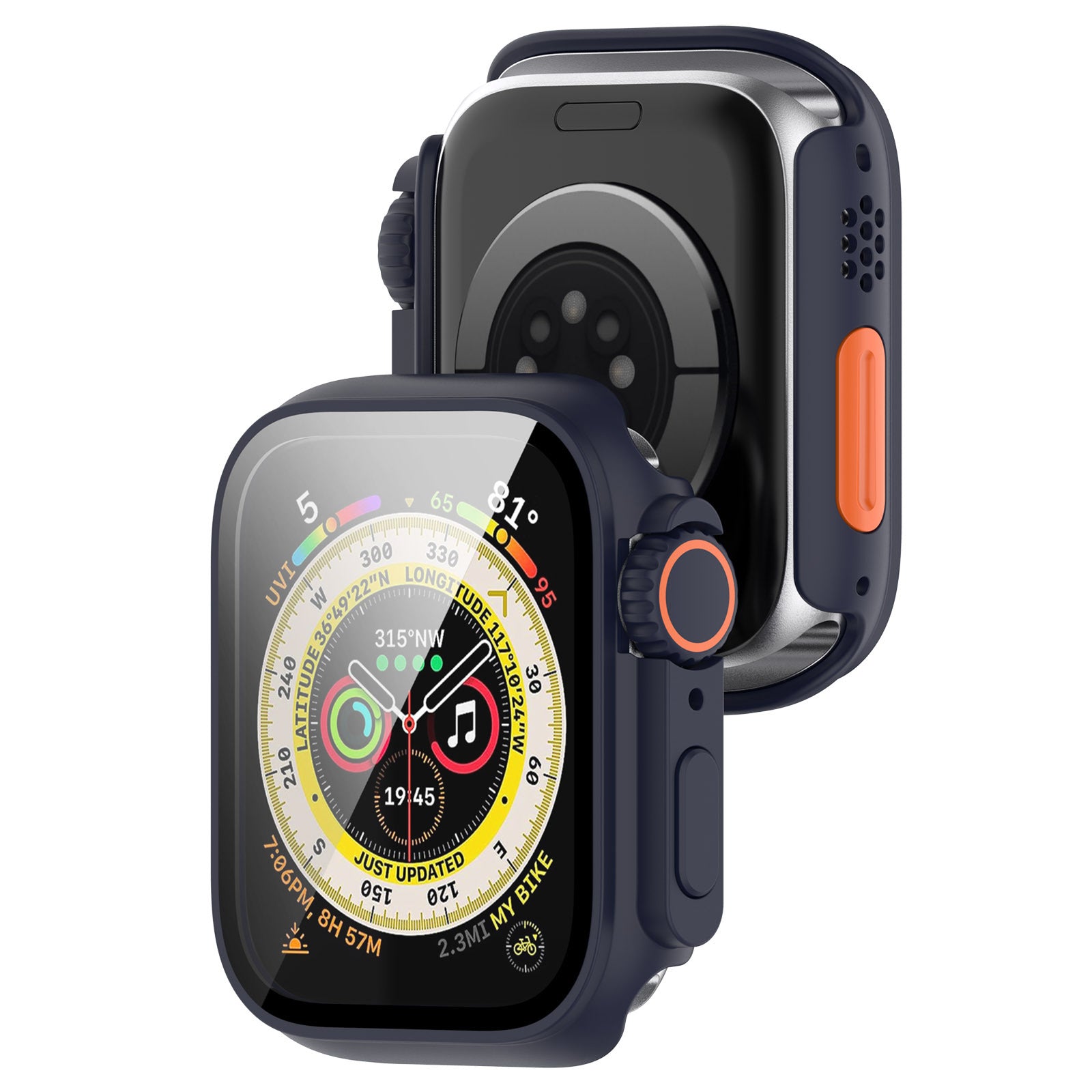 Blue and orange protective rugged case for Apple Watch Ultra with rotating digital watch face display and camera lens protection