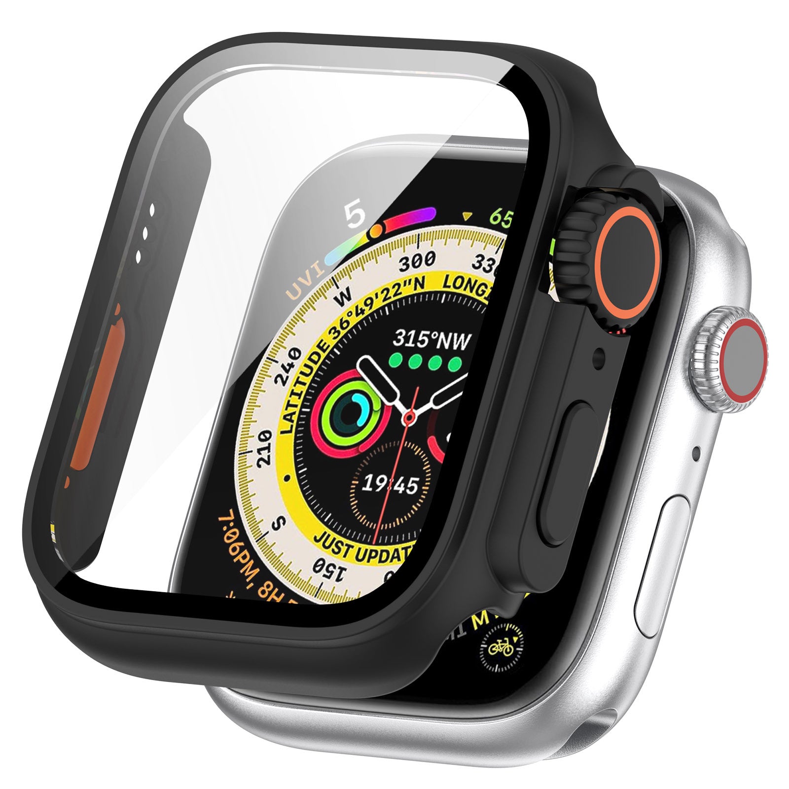 Rugged protective case for Apple Watch Ultra with compass dial design, featuring black bumper and clear screen protector
