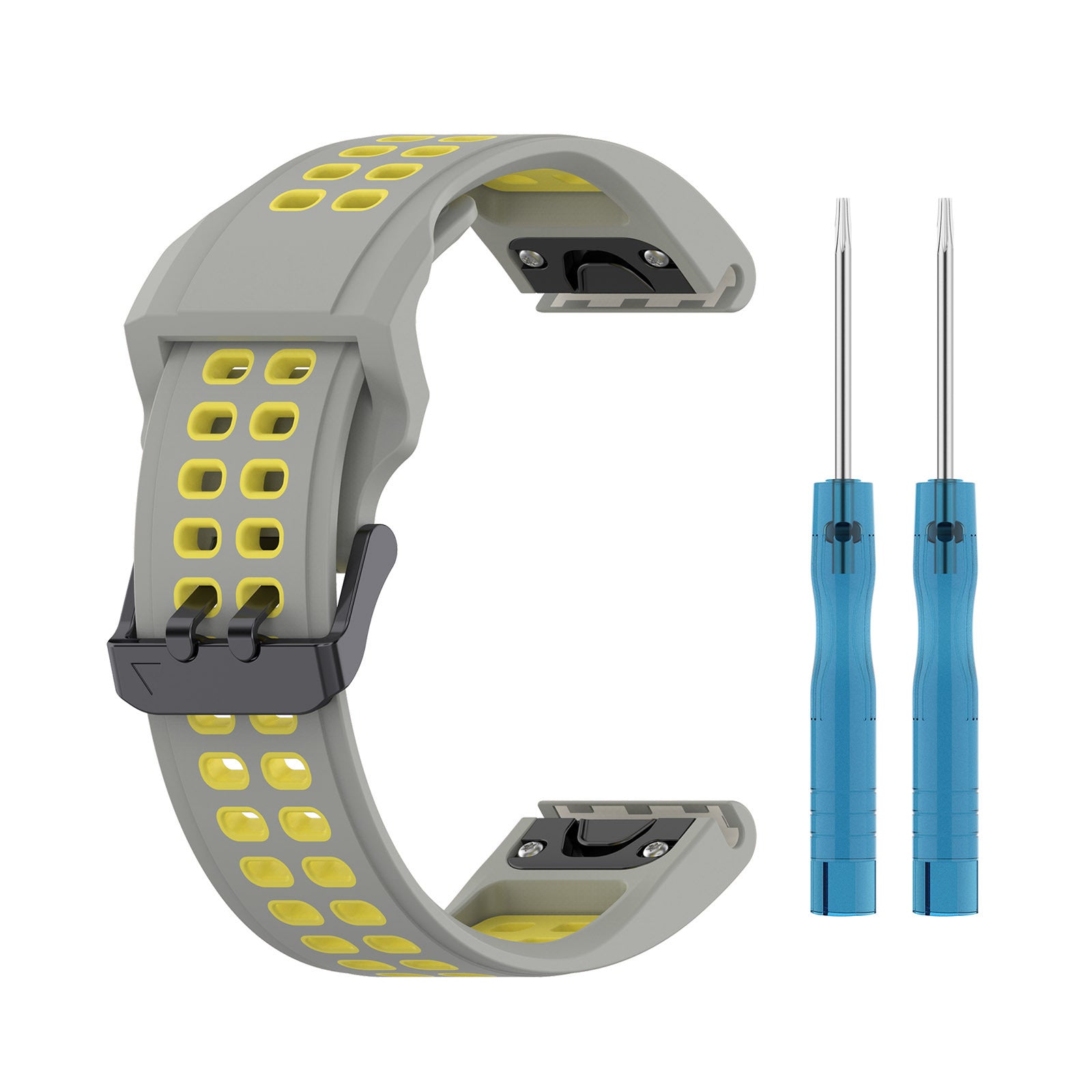 Gray and yellow silicone sports watch band with quick-fit connectors and two blue metal pin removal tools