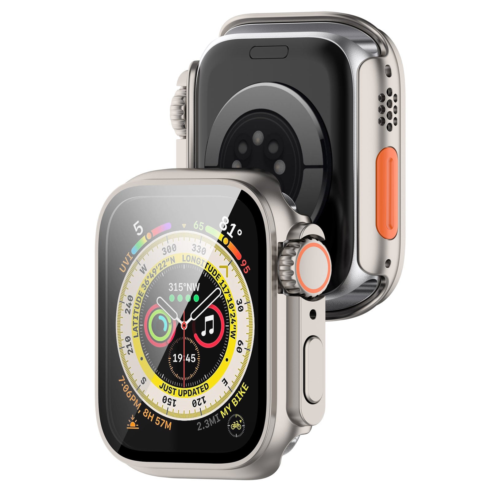 Silver titanium protective case for smartwatch with orange accents and multi-functional dial display, front and back view shown