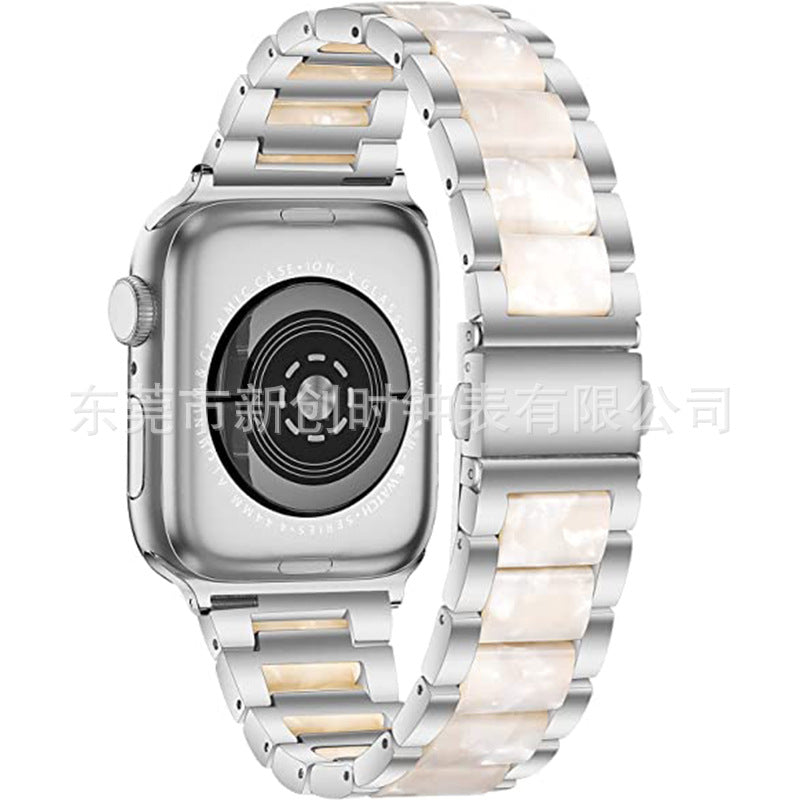 Silver stainless steel smartwatch with pearlescent white and gold mixed metal bracelet band