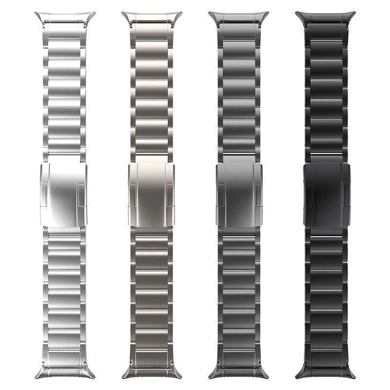 Titanium smartwatch bands in silver, gunmetal, and black finishes with metal link bracelets and connector adapters