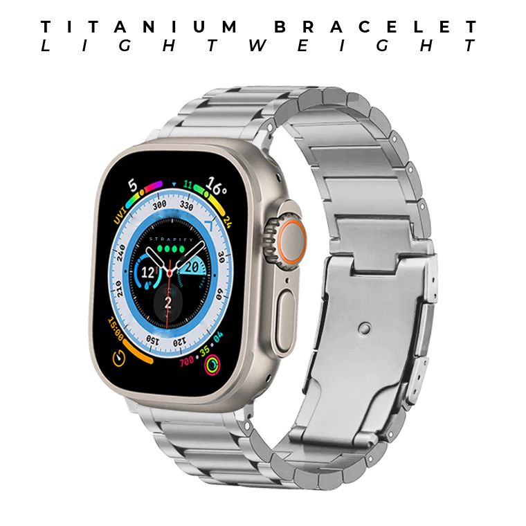 Titanium lightweight smartwatch bracelet band with square display and digital compass dial, silver metal link design