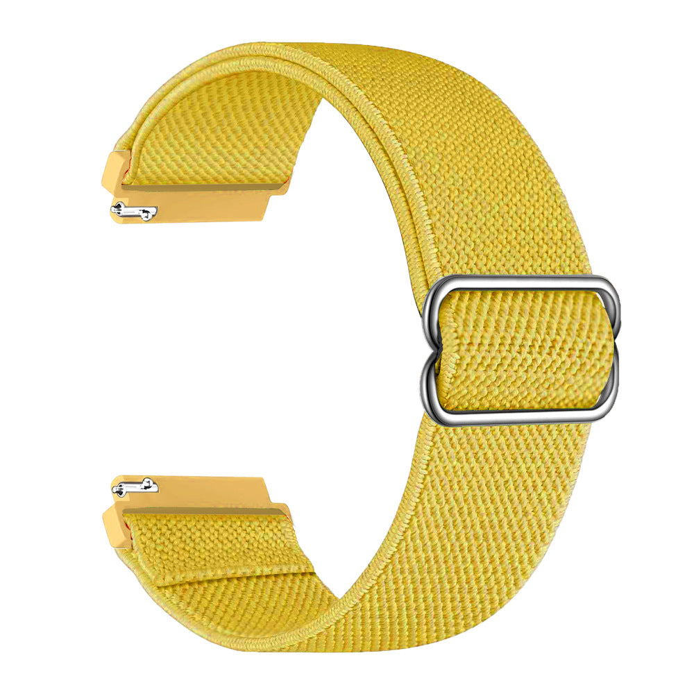 Yellow weaved elastic loop watch band with quick release buckle and metal adjustment clasp
