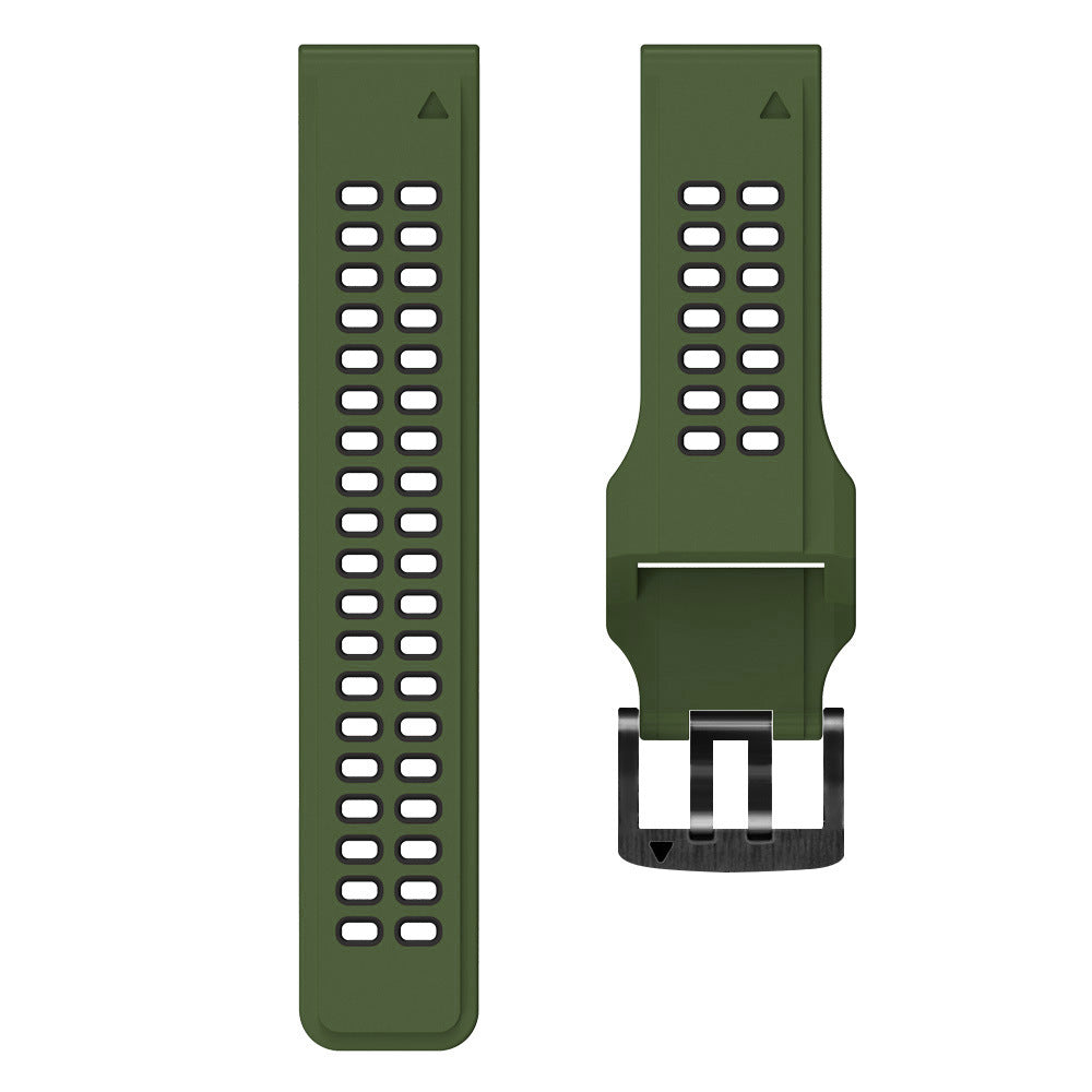 Olive green silicone sport watch band with white grip holes and black quick-fit buckle clasp