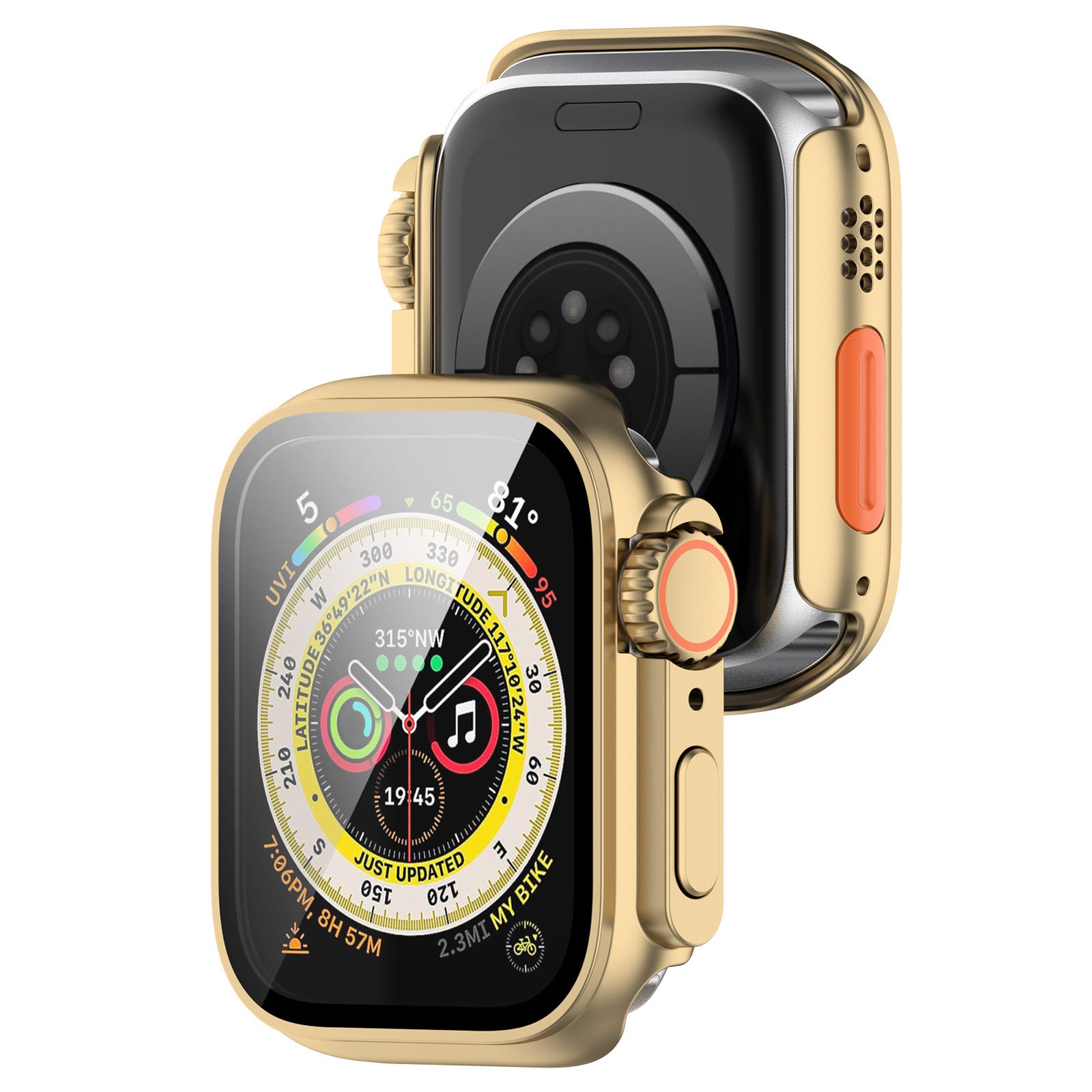 Gold titanium protective case for Apple Watch Ultra with red accents, shown front and back views