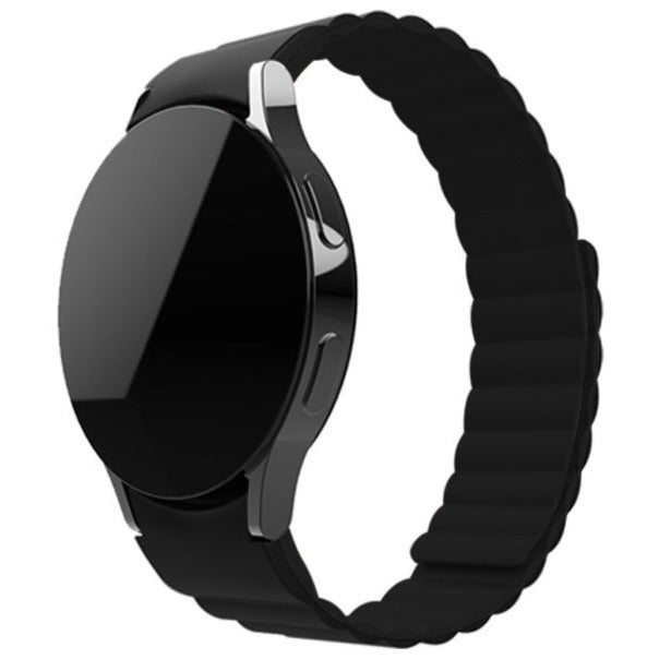 Black silicone smartwatch band with magnetic closure and gapless design, compatible with Galaxy Watch and Vivomove models