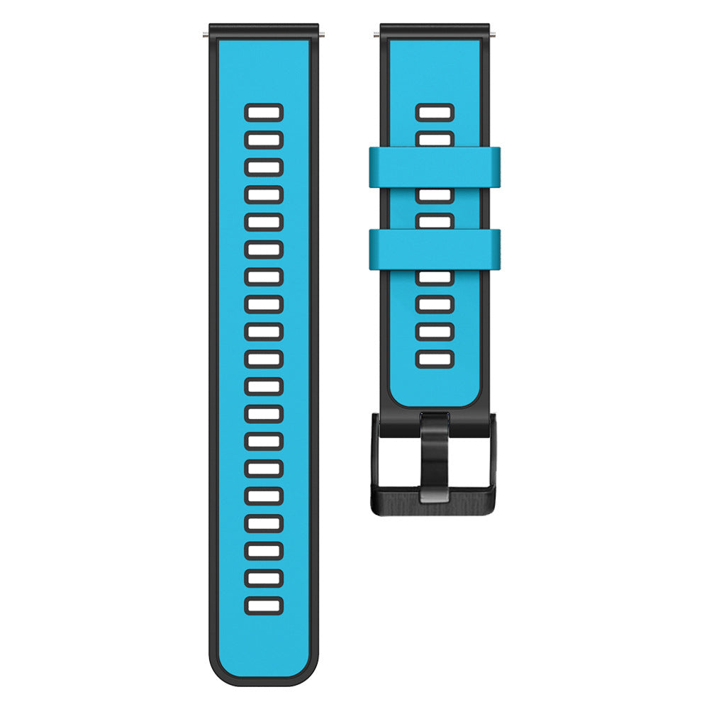 Bright blue silicone smartwatch band with quick release pins and black hardware, shown extended and folded