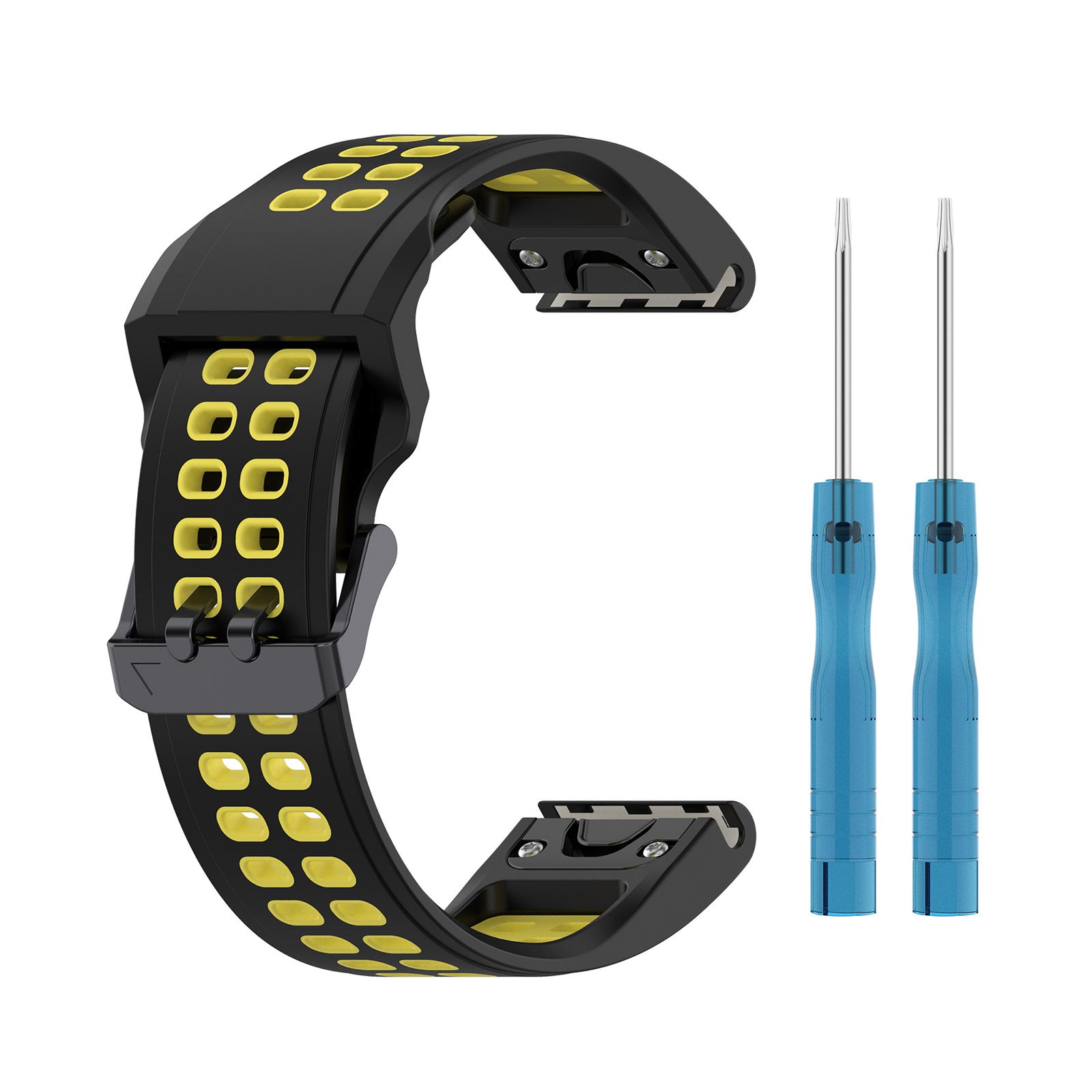 Black and yellow silicone sports watch band with quick-fit bars and two blue removal tools included
