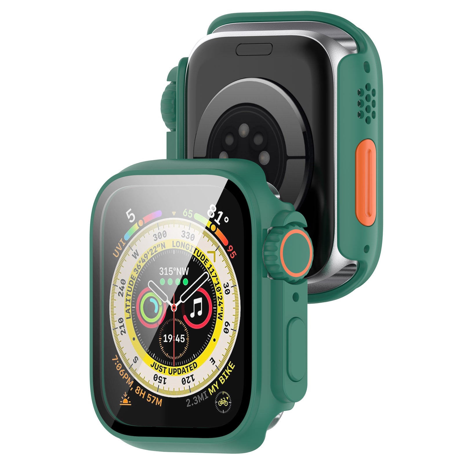 Green protective case for Apple Watch Ultra with orange accents, featuring rugged bumper design and button covers for durability