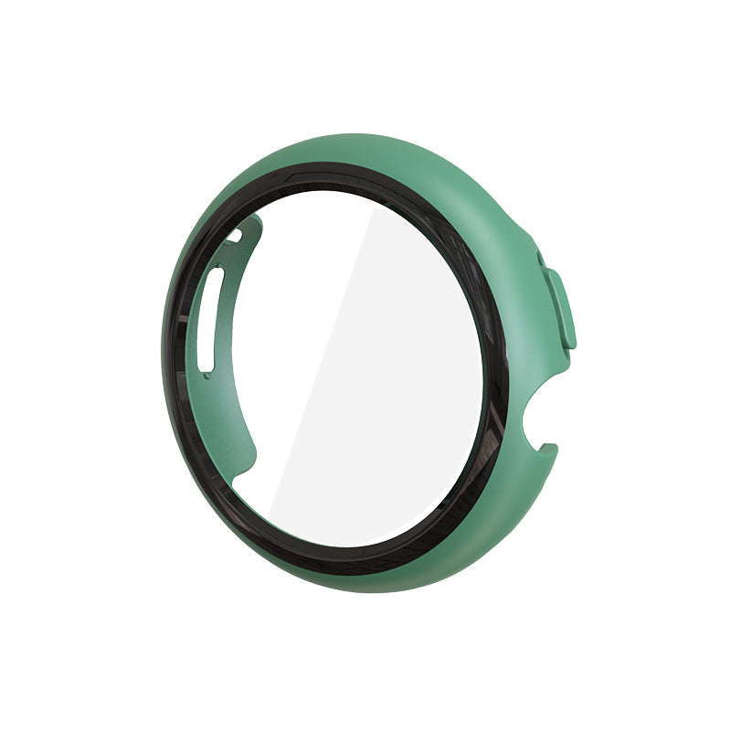 Green protective case with black inner ring for Google Pixel smartwatch, featuring cutouts for buttons and sensor access