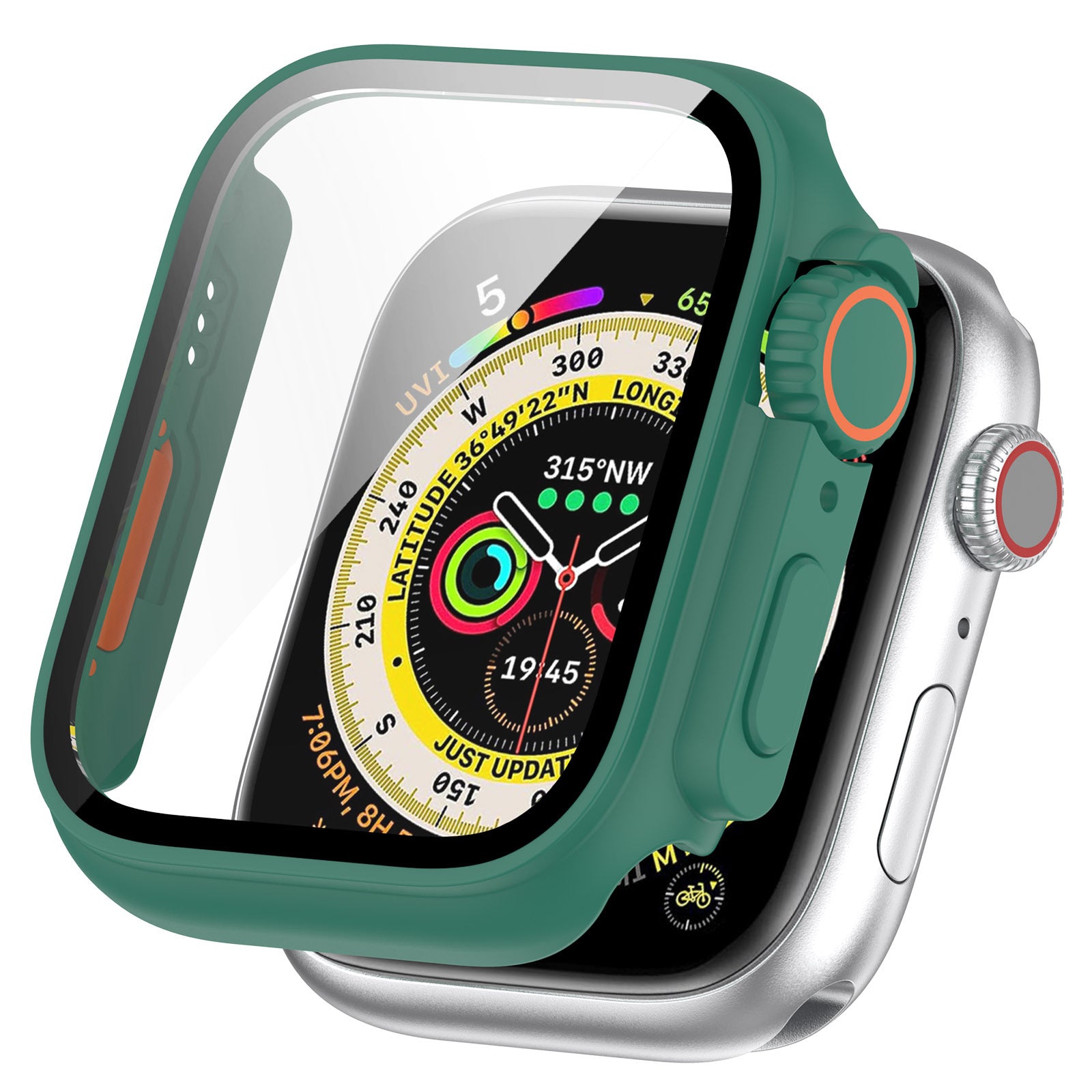 Green protective smartwatch case with silver stainless steel Apple Watch displaying compass and activity rings dial face