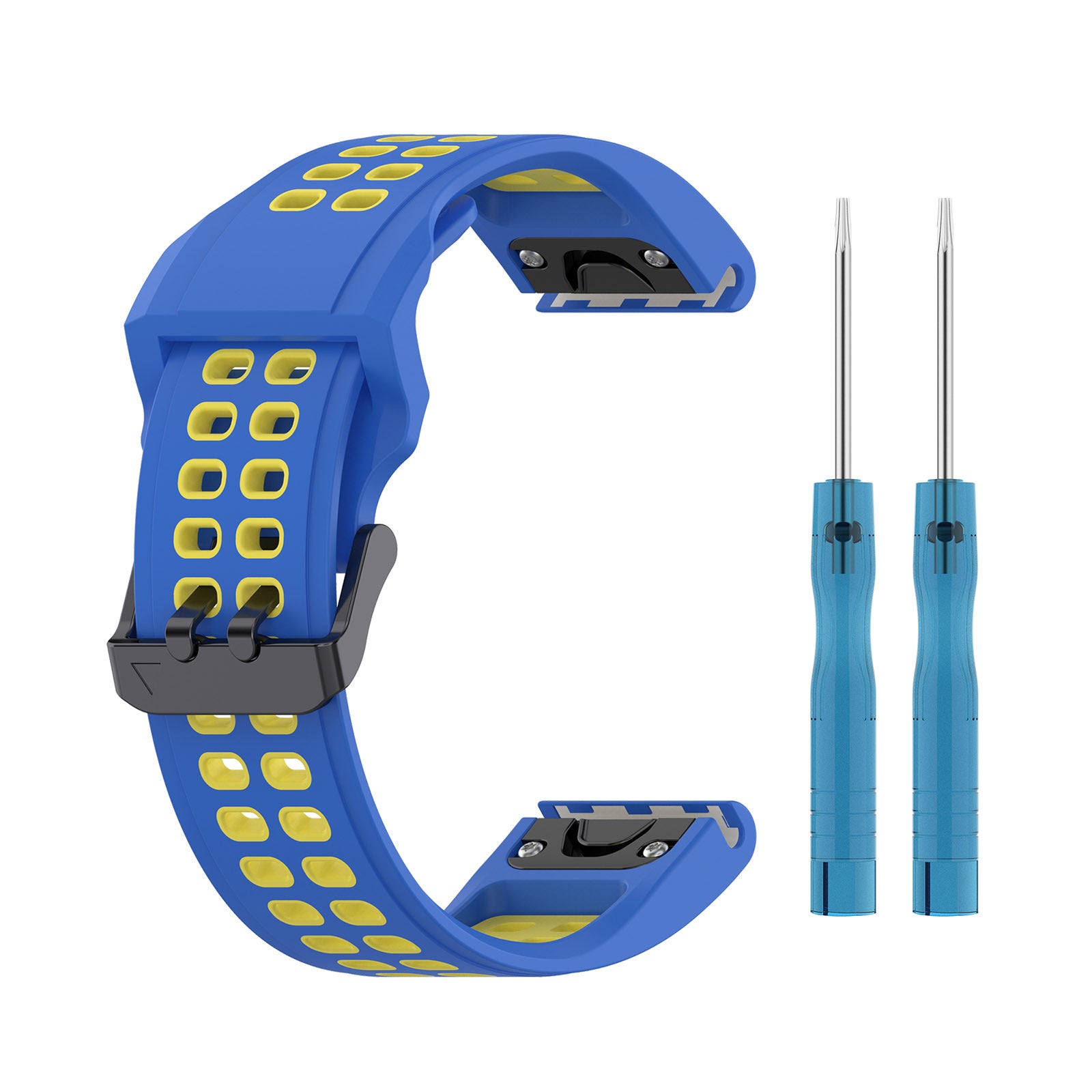 Blue and yellow perforated sports silicone watch band with quick-fit 20mm connectors and turquoise removal tools