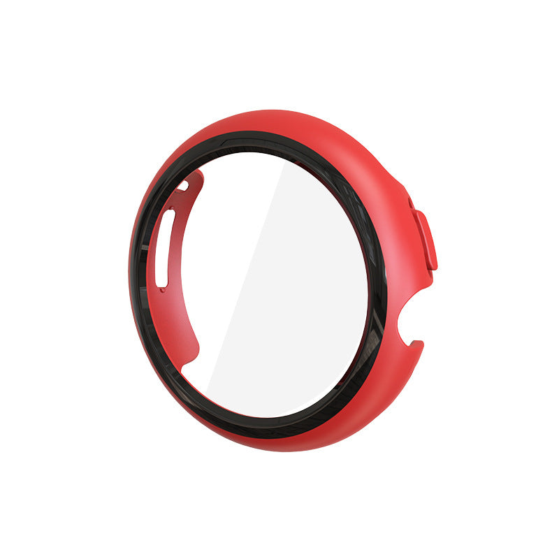 Red protective case with black inner ring for Google Pixel smartwatch, featuring durable silicone design and ergonomic fit
