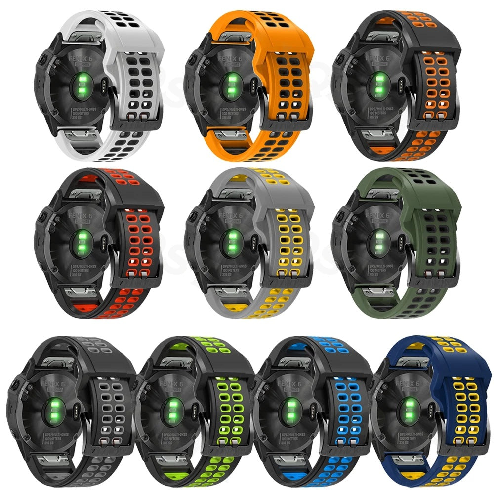 QuickFit sports silicone watch bands in multiple colors including white, orange, black, red, yellow, green, lime, blue and navy with perforated design
