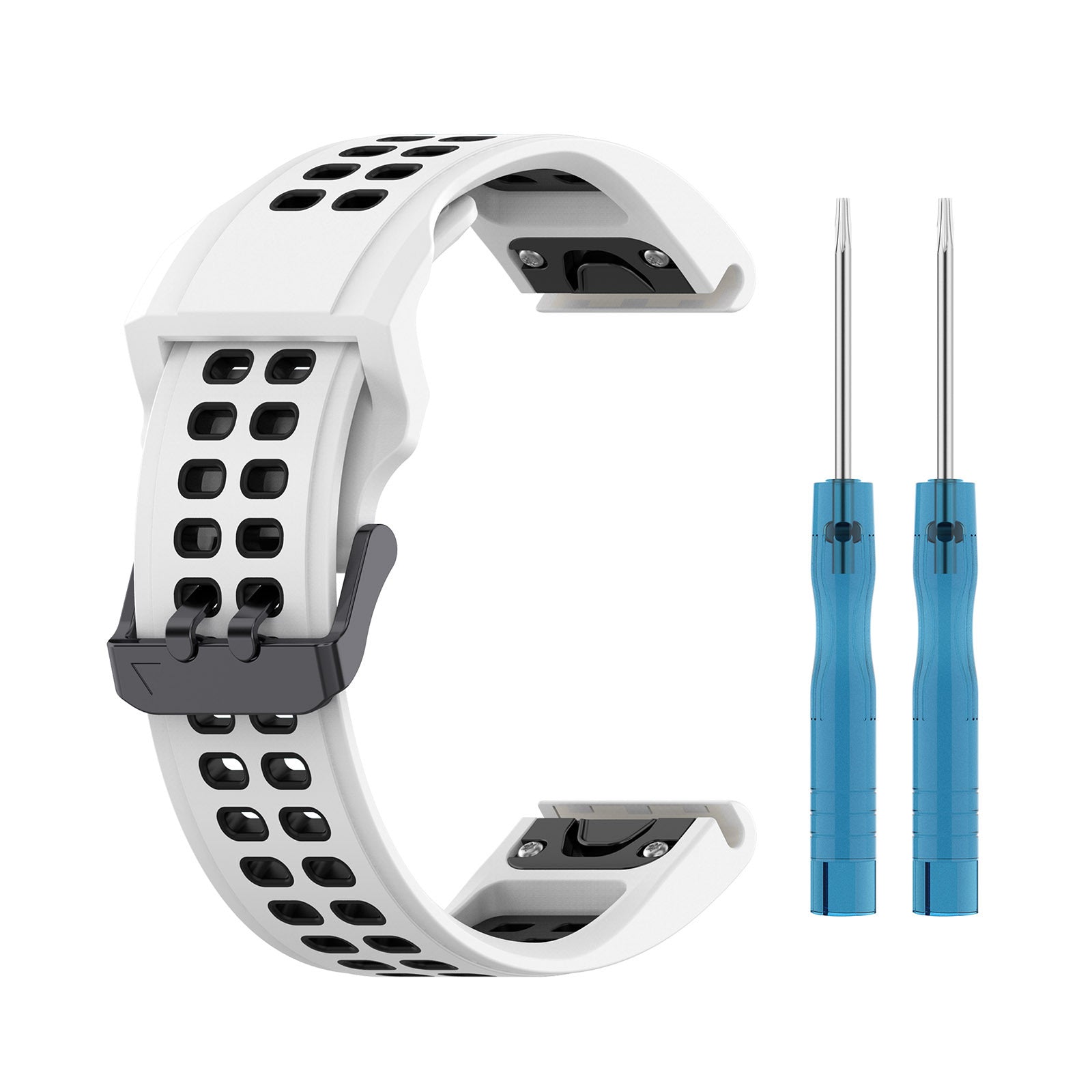 White perforated silicone sports watch band with quick-fit pins and two blue removal tools included