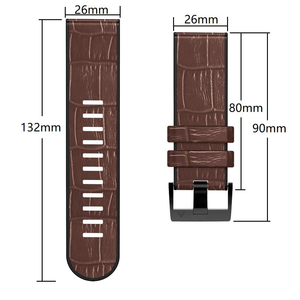 Brown alligator leather hybrid watch band with quick release mechanism, 26mm width, 132mm length, shown with connector buckle