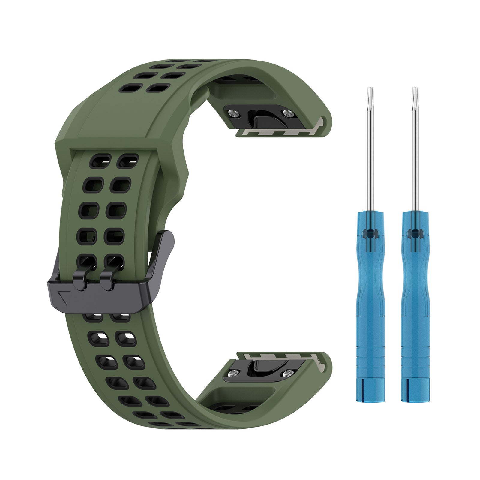 Olive green silicone sports watch band with quick-fit release and two blue multi-tool extractors for easy strap removal and installation