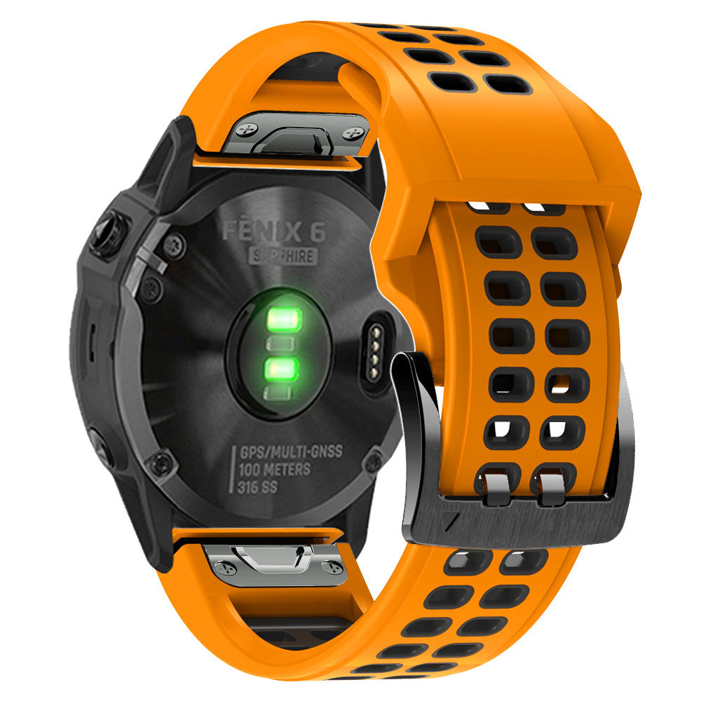 Fenix 6 Sapphire smartwatch with orange perforated silicone sports band and GPS multi-GNSS functionality