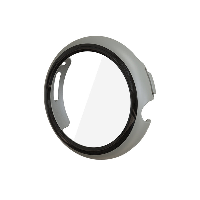 Gray protective smartwatch case with black inner ring and clear window cutout for Google Pixel Watch display