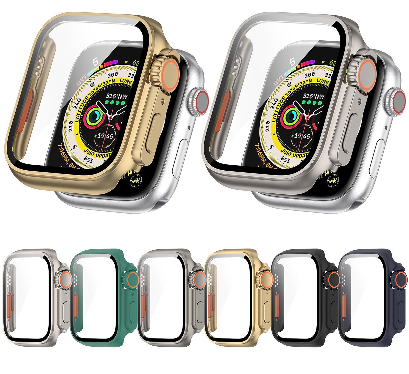 Protective smartwatch cases in multiple colors including gold, silver, black, green, and navy with compass dial display and rotating crown button