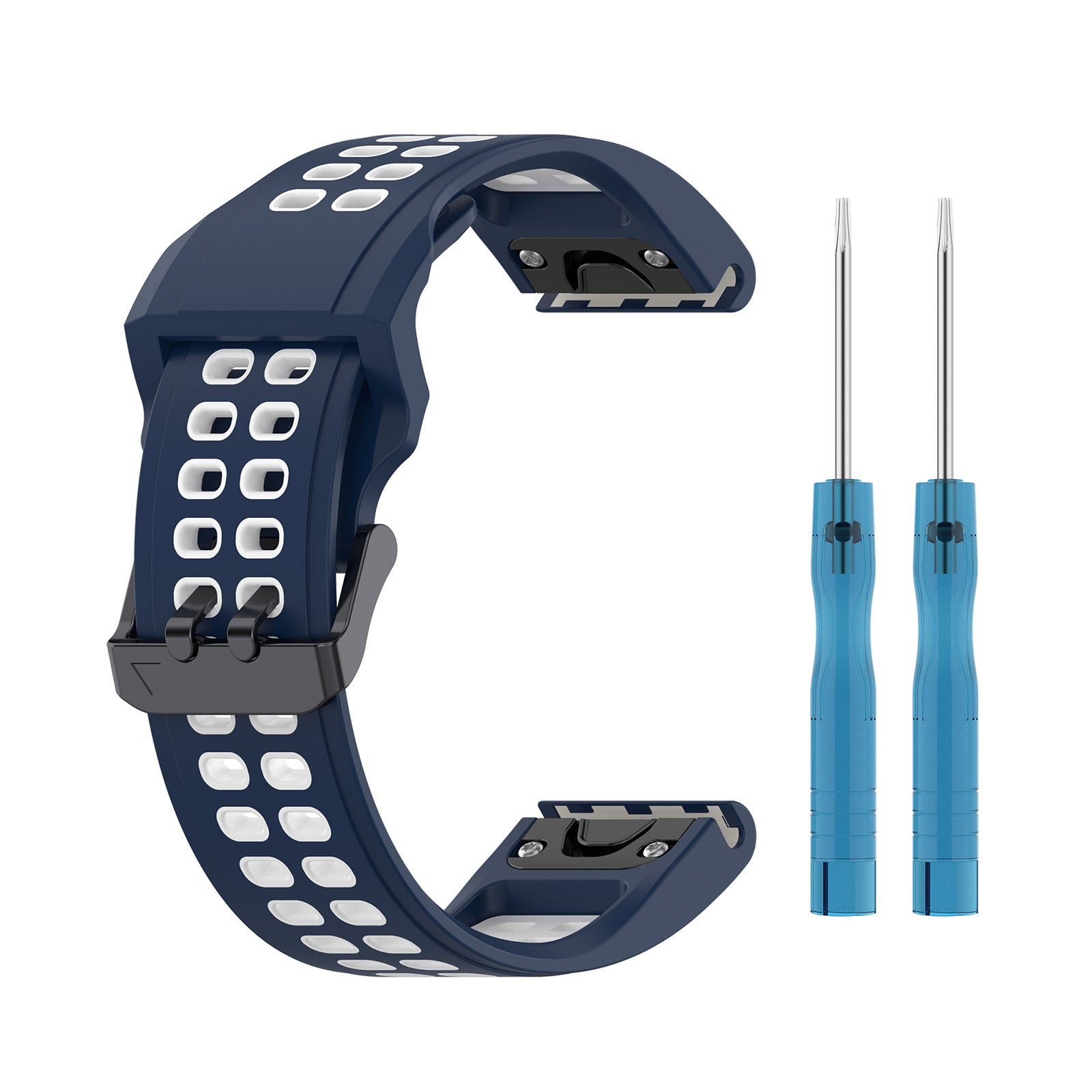 Navy blue perforated silicone smartwatch band with quick-fit connectors and two blue removal tools included