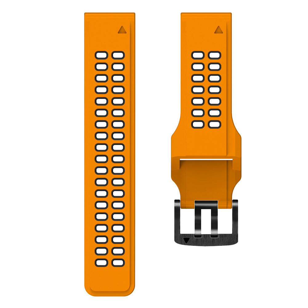 Orange silicone sports watch band with quick-fit connector and metal buckle clasp