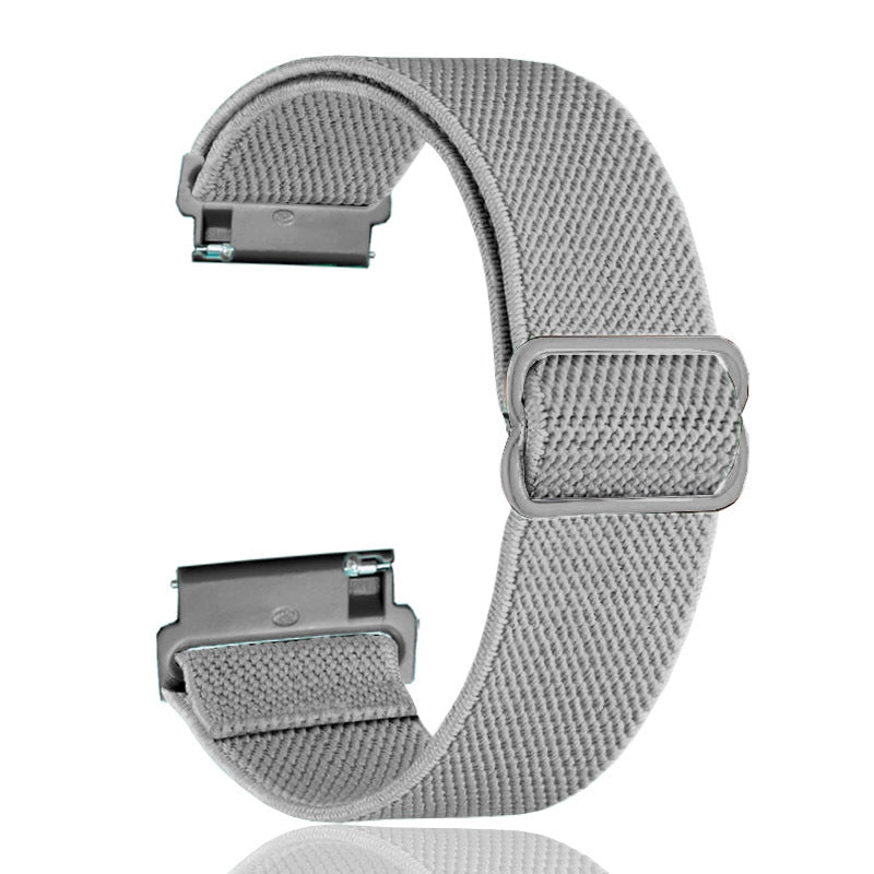 Gray elastic weave smartwatch band with quick release metal connector and adjustable loop closure