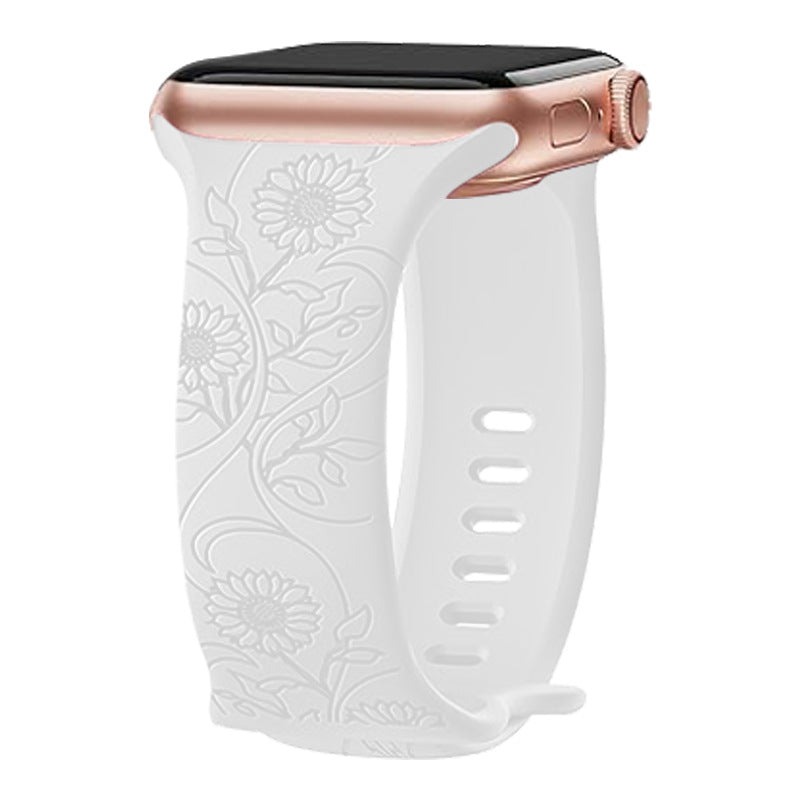 White floral silicone smartwatch band with rose gold aluminum connector for Apple Watch