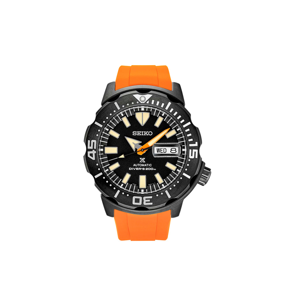 Seiko Prospex automatic diver watch with black case, cream dial, orange rubber strap, day-date window, 200m water resistance