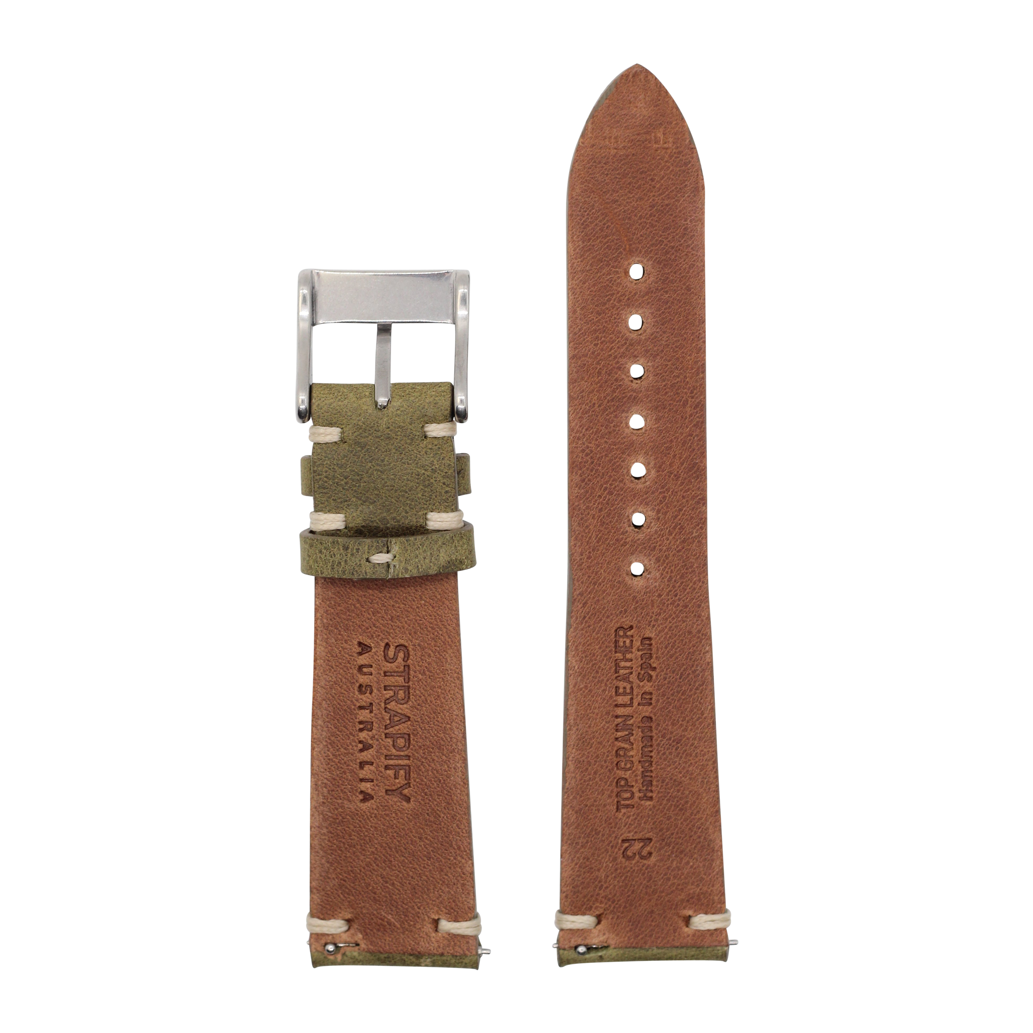 Brown leather watch band with olive green accent strap and silver buckle for Fitbit smartwatch