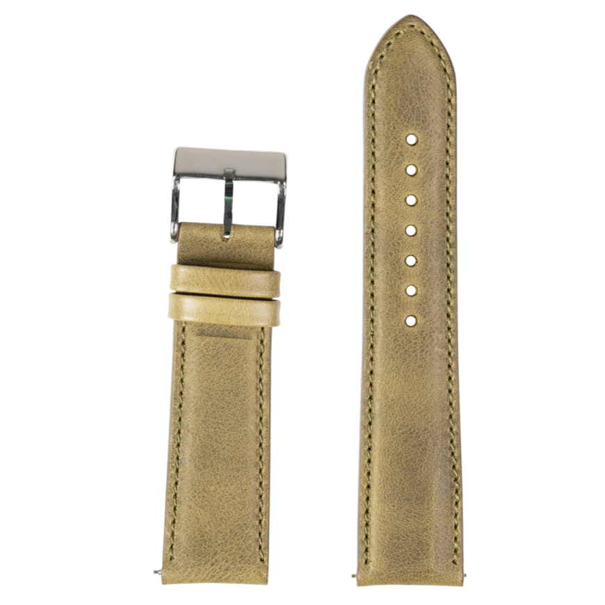 Olive green padded leather watch strap 20mm with quick-fit system, stainless steel buckle
