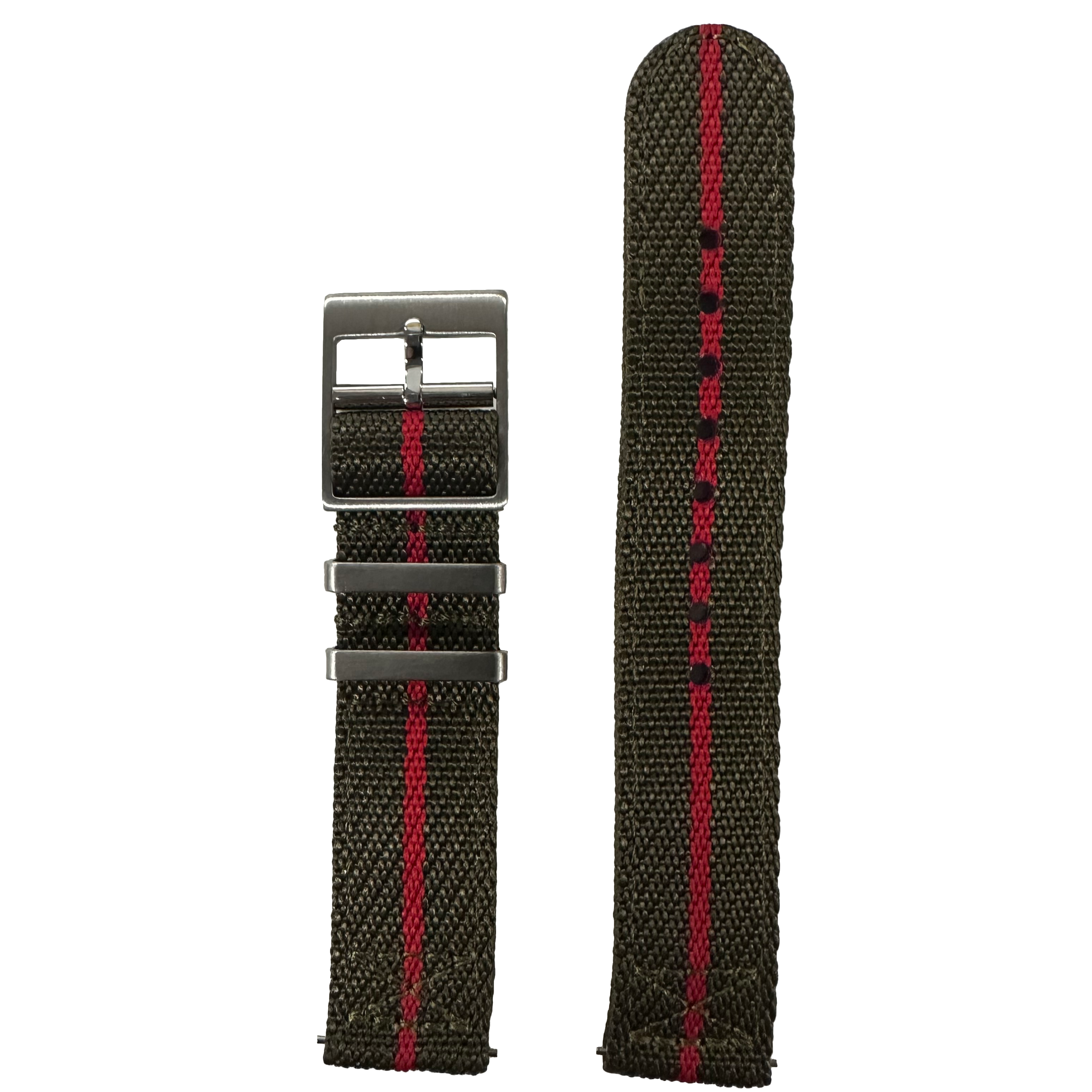 Olive green and red striped fabric watch strap with gunmetal buckle, 26mm quick-fit military style band