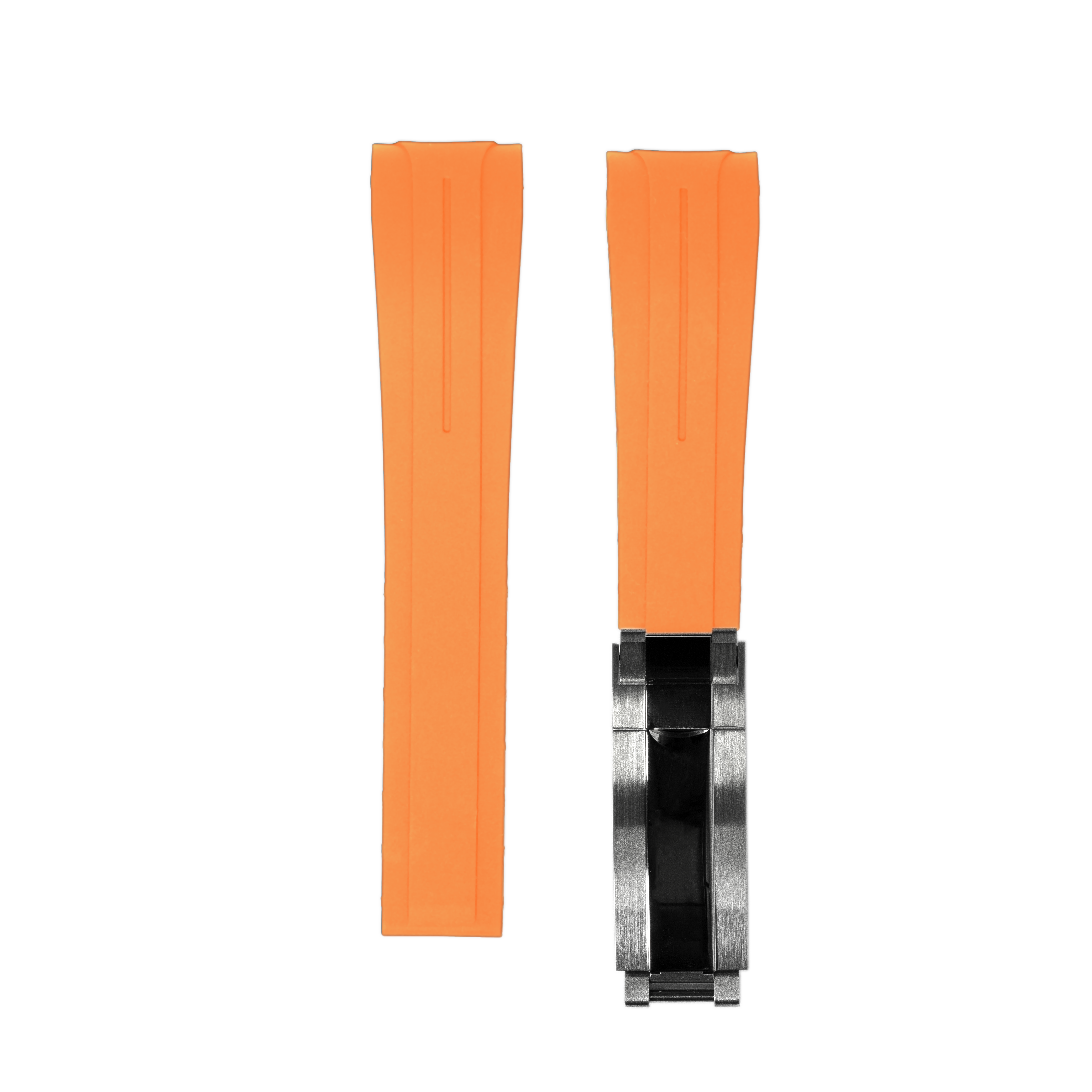 Orange rubber curved watch strap with micro-adjustable stainless steel oyster clasp