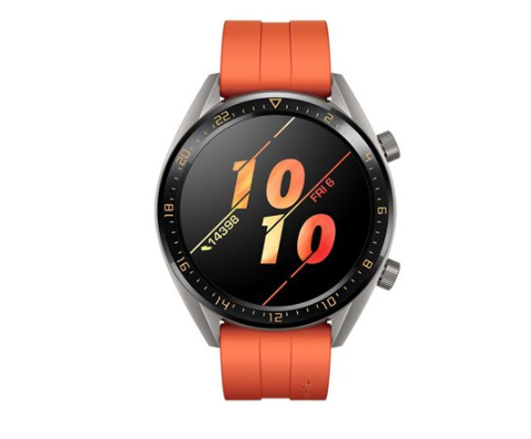 Smartwatch with titanium case and orange silicone band displaying digital time on black dial with orange numerals