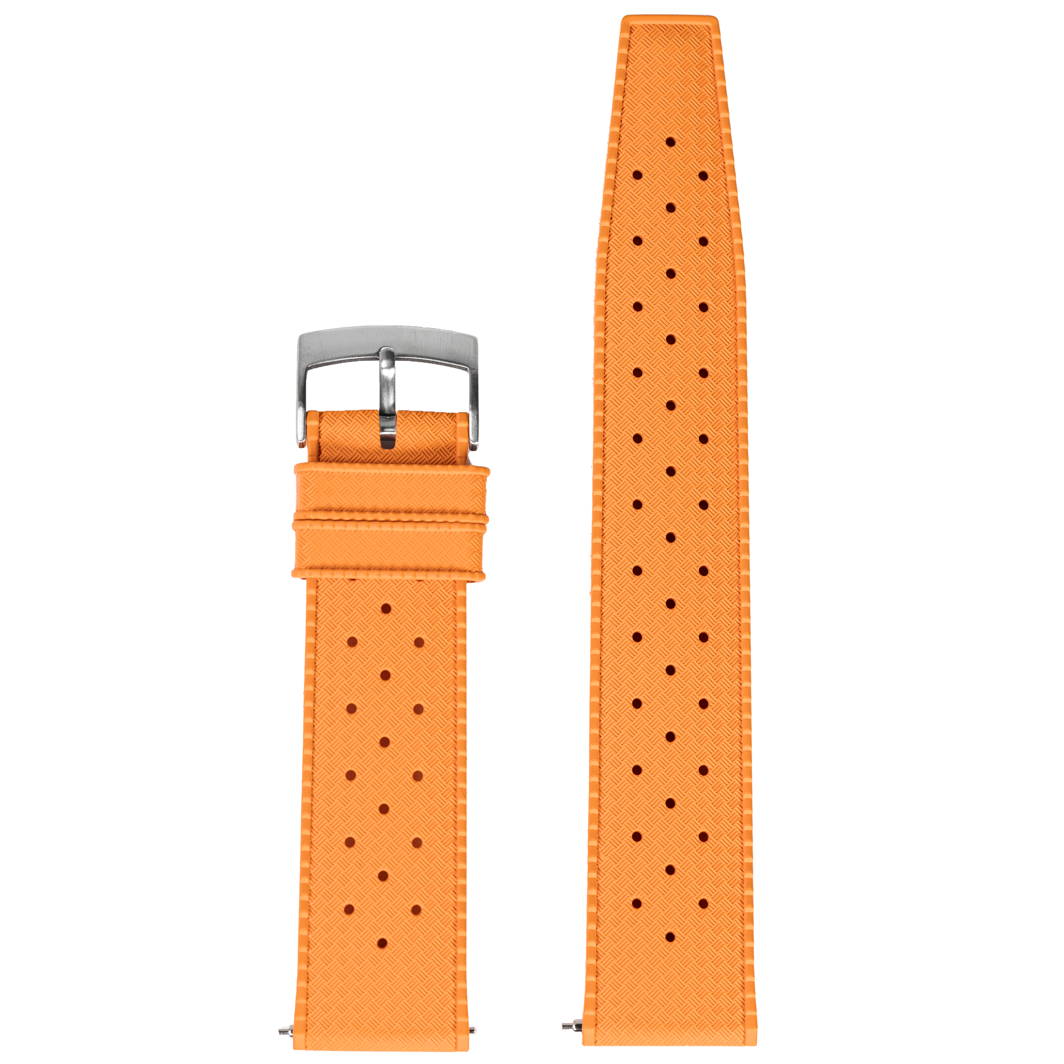 Orange perforated FKM rubber quick-fit watch strap with stainless steel buckle, 20mm width shown front and back
